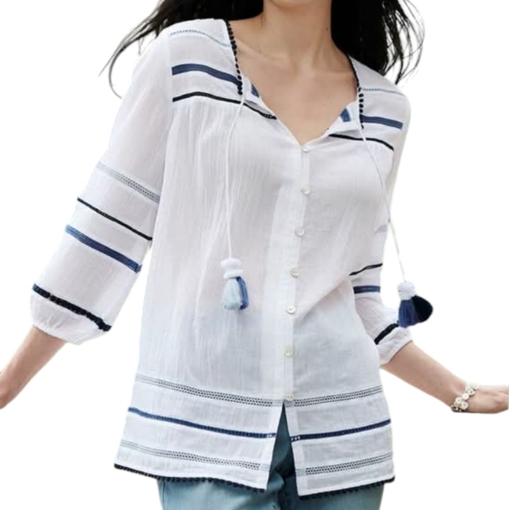 J.Jill Blue White Cotton Ocean Breeze Collection Beachy Tunic Top Size Medium